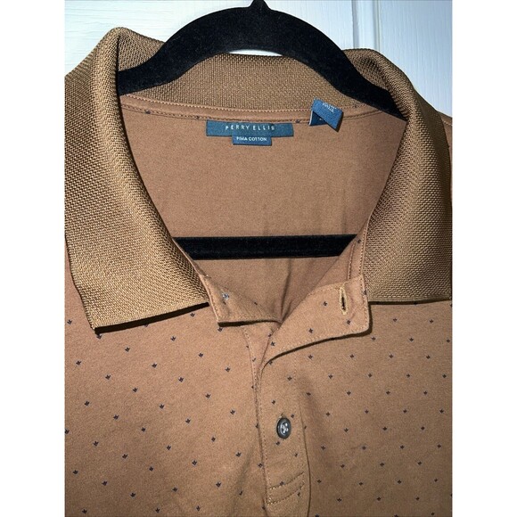 Perry Ellis Mens Shirt Brown XXL Polo Short Sleeve Luxury Pima Cotton Polka Dots - Picture 3 of 13